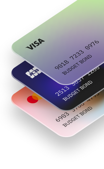BudgetBond Visa, JCB, and Mastercard Cards floating diagonally